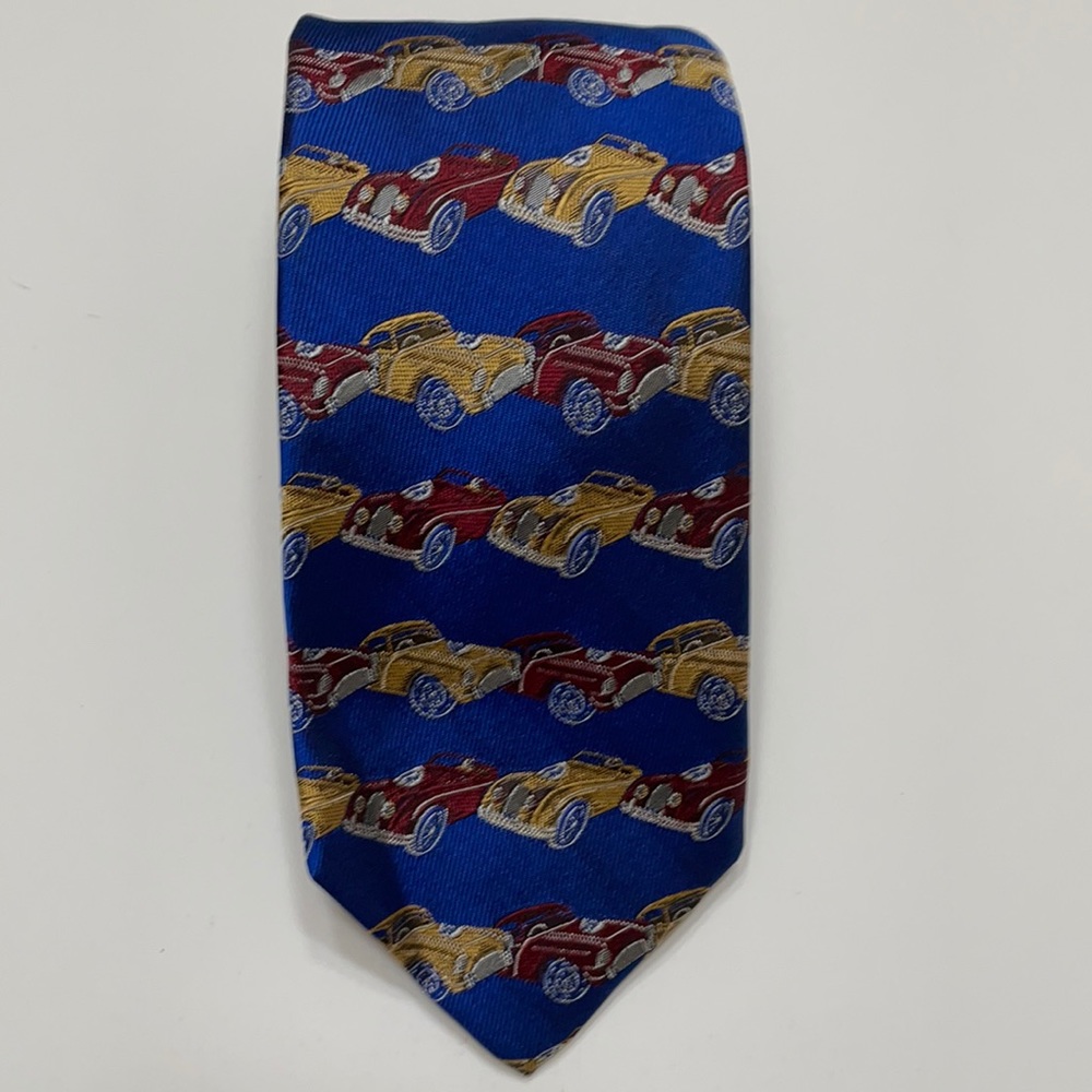 Robert Talbott Best of Class Tie #12 Vintage Race Cars Red & Yellow on Blue Tie